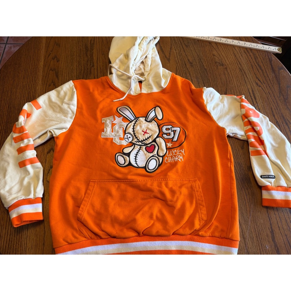 Lucky Charm Voodoo Bunny Hoodie Orange Cream Streetwear Sweatshirt Mens XL 97
